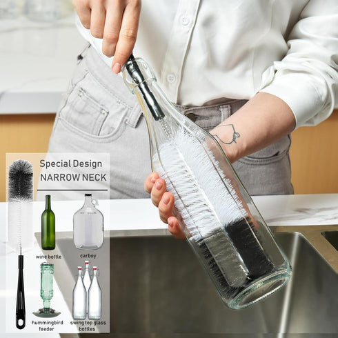 ALINK 8 Pack Black Bottle Brush Cleaning Set - Long Handle Bottle Cleaner with Holder for Narrow Neck Bottles
