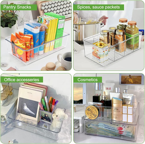 Clear Pantry Organizer Storage Bins, 2 Packs Plastic Removable Snack Organizer with 3 Dividers for Kitchen Cabinets