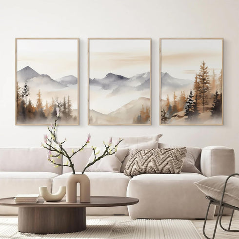 Neutral Mountain Wall Art Decor, Set of 3 Forest Canvas Posters for Living Room Bedroom (12x16 Inch Unframed)