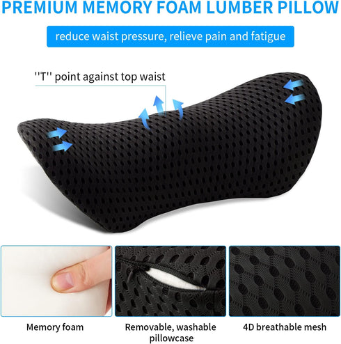 Lumbar Pillow, Memory Foam Lumbar Support Pillow for Office Chair and Car Seat, Back Support Pillow for Lower Back Pain