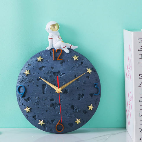 12 Inch Space Theme Wall Clock, Astronaut Moon Wall Clock, Grey Modern Silent Clock for Kids Room Nursery Living Room