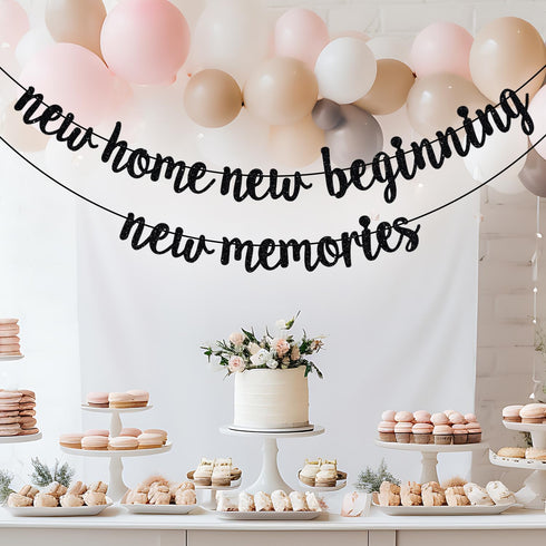 New Home New Beginning New Memories Banner, Housewarming Decoration for New Couple First Home, Black Glitter
