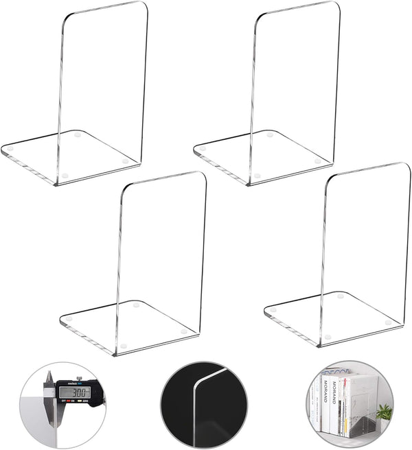 MerryNine Clear Book Ends 4pcs, Acrylic Decorative Bookends for Heavy Duty Books, Bookshelf Dividers