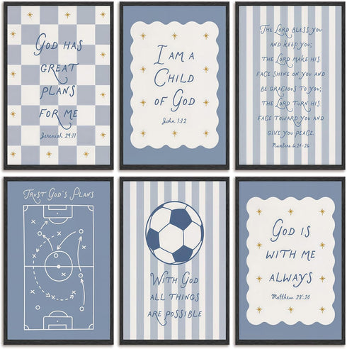WWSGSG 6pcs Blue Bible Verse Canvas Wall Art Christian Baby Education Posters Prints