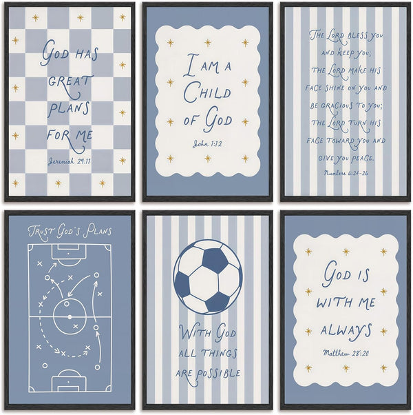 WWSGSG 6pcs Blue Bible Verse Canvas Wall Art Christian Baby Education Posters Prints