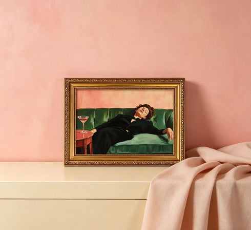Vintage Gold Framed Bar Wall Art, Victorian Woman and Man on Couch with Martini Oil Painting Canvas Prints, Eclectic