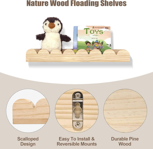 icnjdMopclean Set 4, Wood,16 Inch, Scalloped Shelves for Nursery - Wall Book Shelves for Bedroom Kids, Nursery