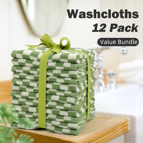 12 Pack 13x13 Inches, Jacquotha Wash Cloths Super Soft (Green Checkered), Wash Clothes Cotton Face Cloths for Washing