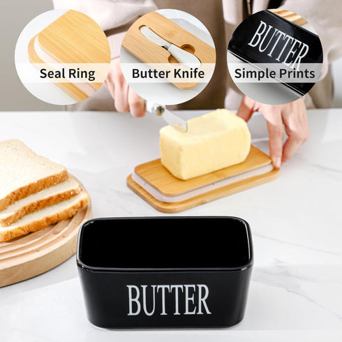 Hasense Butter Dish with Lid, Large Black Ceramic Butter Keeper with Knife for Countertop, Airtight Refrigerator Storage