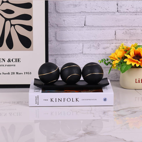Set, LCCCK Decorative Tray with Balls Black Gold Decor Orbs TV Stand, Coffee Table Centerpiece, Elegant Orbs Decorative