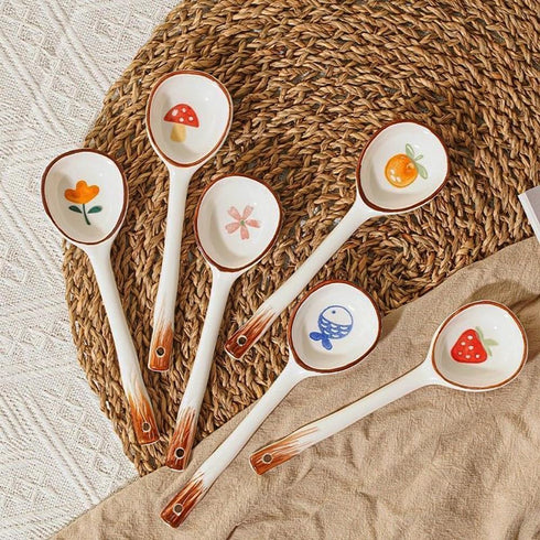 Set of 6 Ceramic Soup Spoons, Asian Spoons for Ramen, Pho, Wonton Dumplings