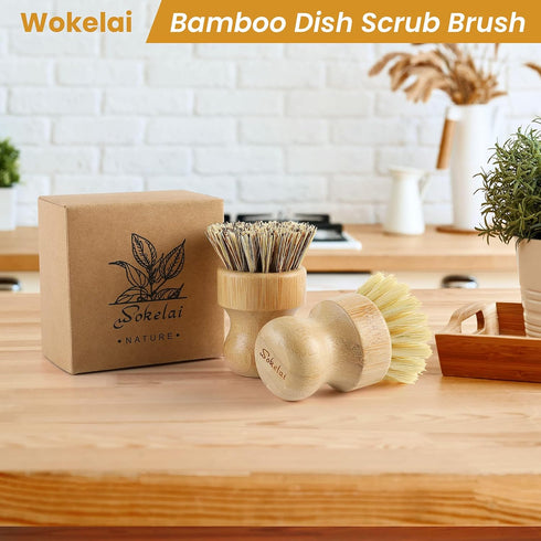 Bamboo Dish Scrub Brushes Set - Eco-Friendly Natural Cleaning Scrubbers for Dishwashing, Set of 2