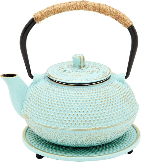 18 oz/500 ml, 3-Piece Set Set Juvale Cast Iron Tea Kettle with Infuser - Green, - Teapot for Brewing Loose Leaf Tea