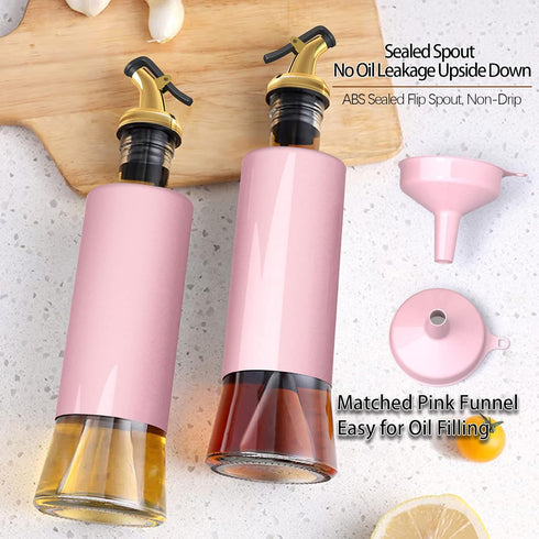 Miao’er Olive Oil Dispenser Bottle Set of 2 - Golden Non-Drip Spout with Pink Funnel for Easy Filling, 10OZ/300ML