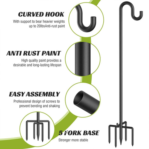 76 Inches 5 Forlogic Bird Feeder Pole Shepherd Hooks for Outdoor, Heavy Duty Bird Feeder Pole for Garden Decor, Black