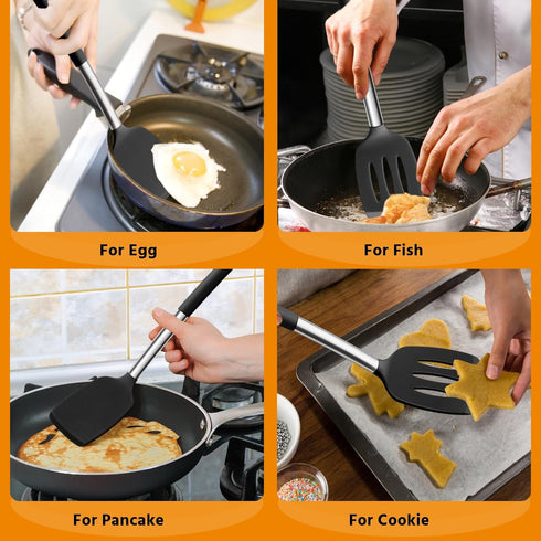 E-far Silicone Spatula Set of 2, Solid & Slotted Turner for Nonstick Cookware, Heat Resistant