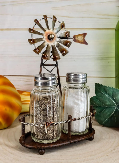 Ebros 6.5" Tall Rustic Country Farm Windmill Salt And Pepper Shakers Holder Display Stand Set in Aged Bronze Finish