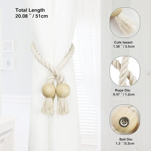 2 Pack Cotton Hand Woven Magnetic Curtain Tiebacks, Decorative Rope Holdbacks for Curtains Draperies, No Tools