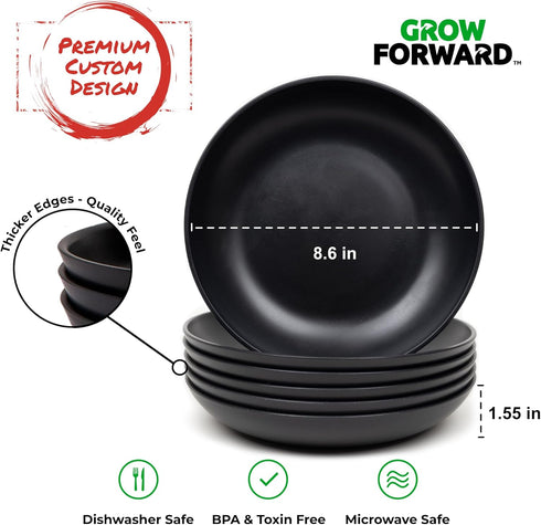Grow Forward Premium Wheat Straw Pasta Bowls Set of 6 - 30oz Unbreakable Wide & Shallow Dinner Plates - Midnight