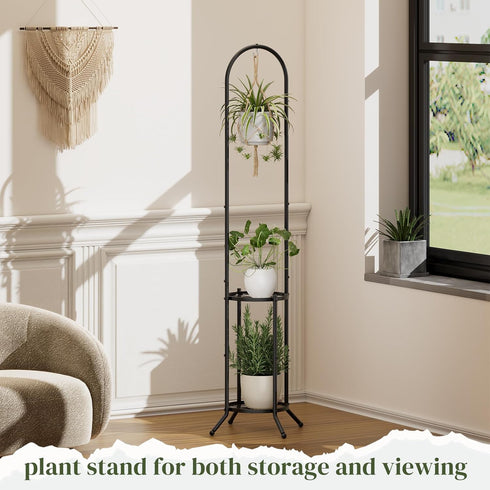 PULIJIAJU 2-tier 3 Hanging Plant Stand Indoor and Outdoor, Space-Saving Iron Plant Shelf, Potted Flower Pot Stand