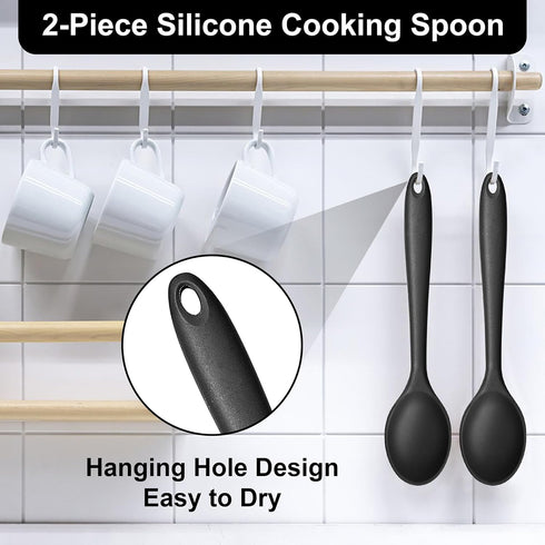 E-far Silicone Cooking Spoon Set of 2, Heat Resistant Nonstick Kitchen Spoons for Baking, Stirring, Serving (Black)