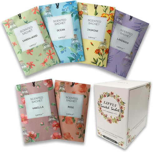 14 Packs Scented Sachets, Lavender, Rose, Jasmine, Ocean, Vanilla, Sandalwood, Gift Box with 6 Different Scents