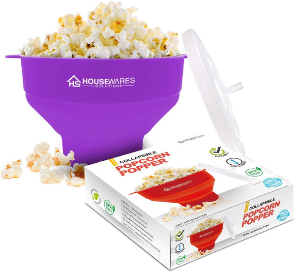 Collapsible Silicone Popcorn Popper Bowl with Lid and Handles, Microwave Safe (Purple)