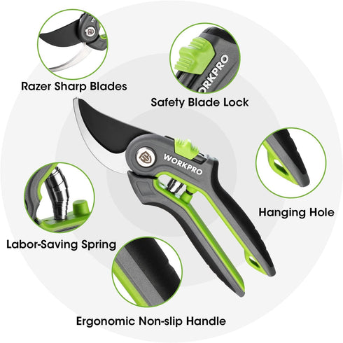 WORKPRO Garden Pruning Shears, 2 Pack, 8" Bypass and 6.25" Straight Garden Scissors