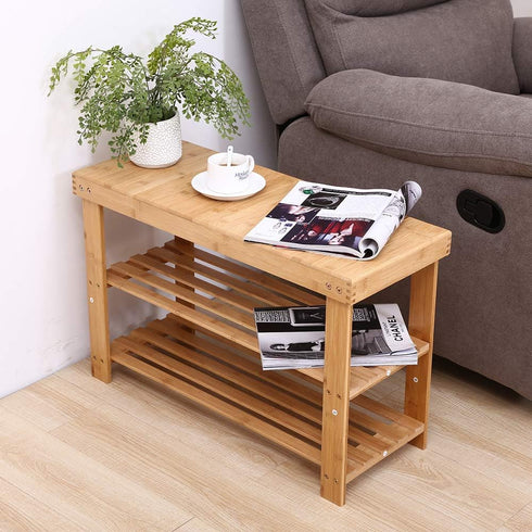 3 KKTONER Bamboo Shoe Rack Bench Tier Entryway Seat Shoe Organizer Storage Shelf Natural Color
