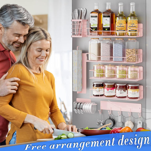 IYEBAU Refrigerator,8 Pack Set Magnetic Spice Rack for Magnetic Fridge Shelf, Moveable Spice Organizer with Hook Rack