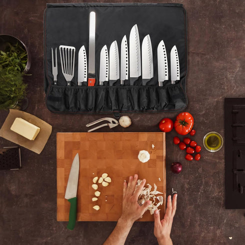 Tosnail Black Chef Knife Case Roll Bag with 21 Slots & 1 Large Zipper Pocket, Easy Carry Handle and Shoulder Strap