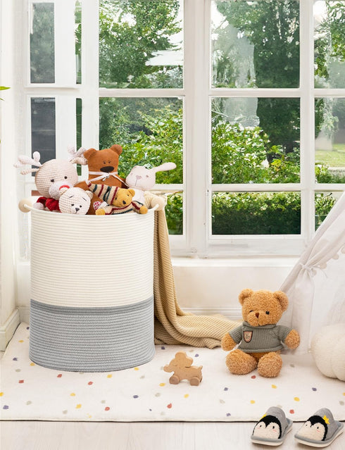 StorageWorks 72L Cotton Rope Laundry Basket with Wooden Beads Handles, Woven Storage for Dirty Clothes, White & Grey