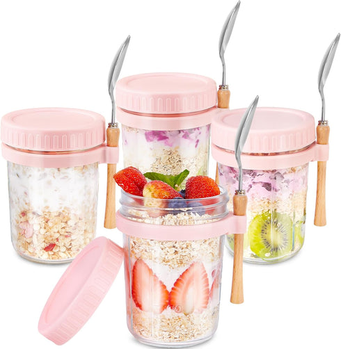 16oz 4 Pack HomArtist Glass Overnight Oats Containers with Lids and Spoon, Wide Mouth Mason Jars for Overnight Oats