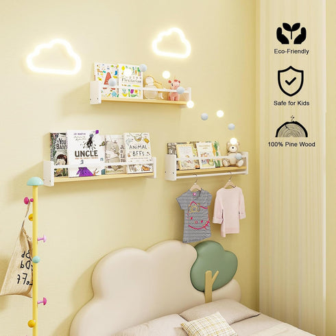 Set 3 15.8 Inches) MXCSE Nursery Floating Bookshelf for Kids, Wall Mounted Kids Book Shelf with Toy Storage, Pine Wood