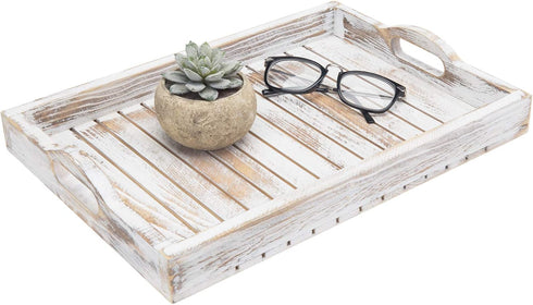 MyGift Shabby Chic Whitewashed Wood Breakfast Serving Tray with Cutout Handles with
