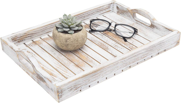 MyGift Shabby Chic Whitewashed Wood Breakfast Serving Tray with Cutout Handles with