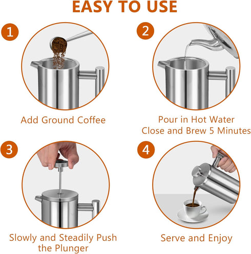 Stainless Steel French Press Coffee Maker, Double Wall Insulated, 50oz/1500ml, with 3 Extra Screens, Silver