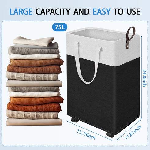 HomeHacks Large Rolling Laundry Hamper, Collapsible Waterproof Basket on Wheels for Bathroom, Bedroom & Dorm (Black)