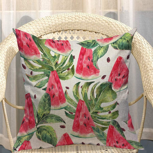Mugod Slices of Watermelon Throw Pillow, Exotic Tropical Fruit Leaves Seed Red Green Cotton Linen Square Cushion Cover