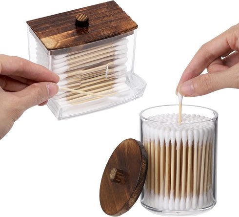 Tbestmax Bathroom Container for Qtips, 10/7 OZ Cotton Ball/Swabs Dispenser, Brown Wood Lids