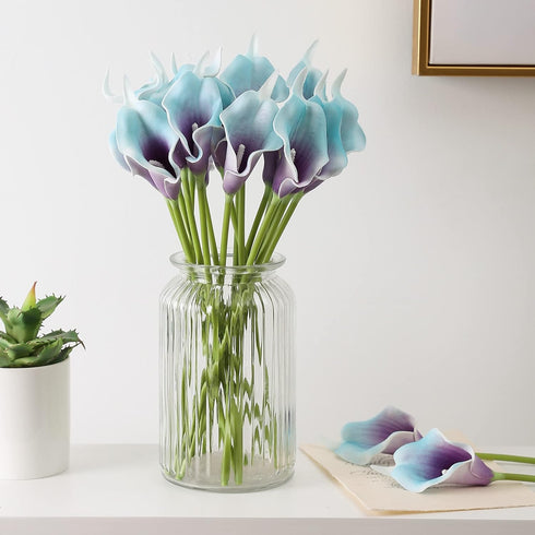 Duovlo 20pcs Calla Lily Artificial Flower Wedding Bouquet (Purple in Blue) | Real Touch Home Party Decor