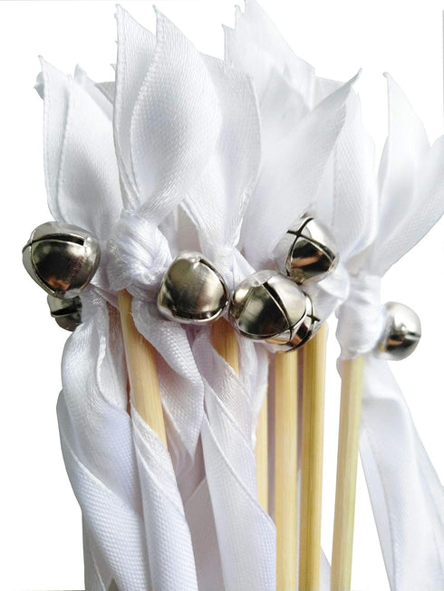 50PCS Ribbon Wands with Triple Ribbon and Silver Bell, Party Favors, Magic Fairy Wands for Wedding Decor