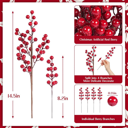 8 Branches/32 HOHOTIME Christmas Holly Berry Stem Ornaments, Large Small Branches Artificial Berry Stem, Removable
