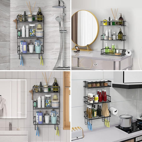 Over The Toilet Storage Shelf, 3-Tier Bathroom Organizer, Upgrade Punch-Free Storage Rack with Hooks, Black