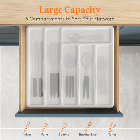 Lifewit Silverware Organizer with Lid, Covered Utensil Tray for Kitchen Drawer and Countertop, 6 Compartments, White