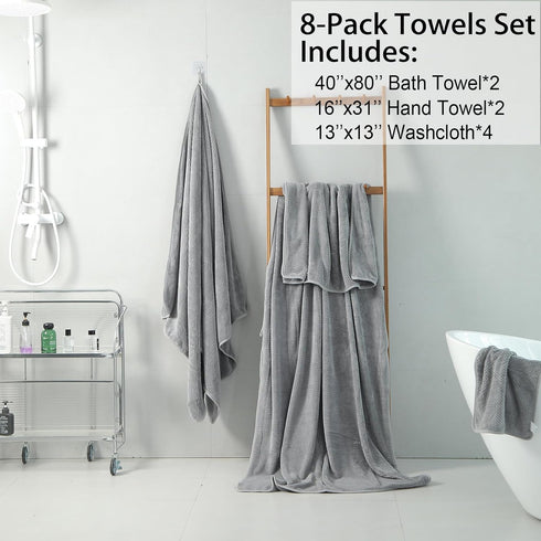 8 Pack Set (2 40"x 80" Sheet,2 Towels,4 Sets Set Towel Extra Large Bath Towels Hand Washcloths) Gray Oversized Bath