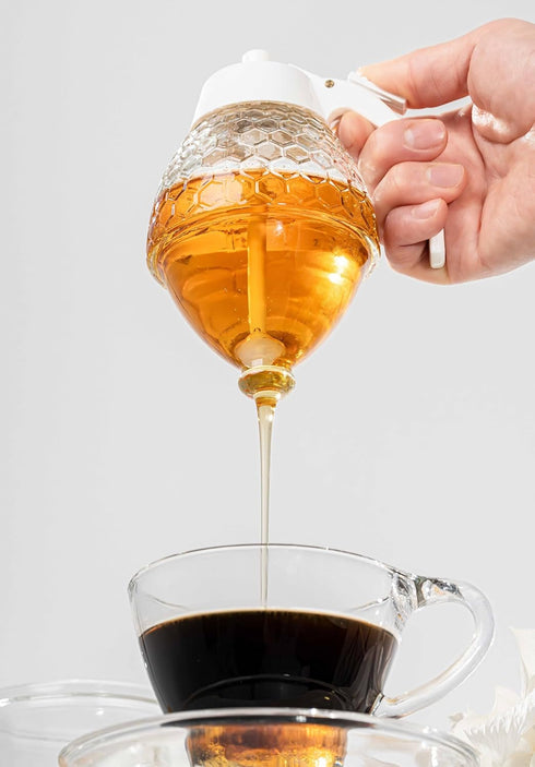 8 oz PAULSWAY Not Chromed Glass Honey Dispenser, Food-Grade ABS White Lid No Drip Glass with Stand Honey Jar Honeycomb