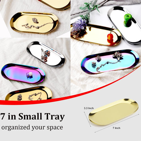 Stainless Steel Decorative Tray, Set of 2, 7 Inch Long, Jewelry Dish and Organizer for Bathroom Clutter