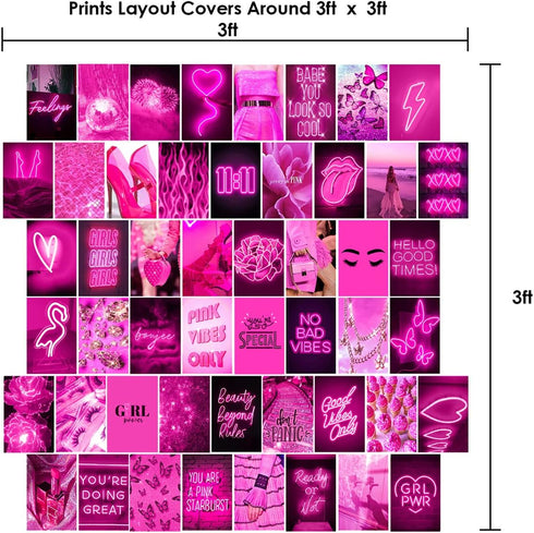 WOONKIT Pink Neon Wall Collage Kit - Aesthetic Pictures for Trendy Room Decor, 50pcs 4x6 Inch for Teen Girls