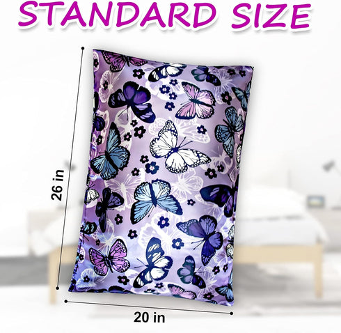Silk Satin Pillowcase for Hair and Skin, Soft Standard Size Pack of 2, Wrinkle and Fade-Resistant, Purple Butterflies